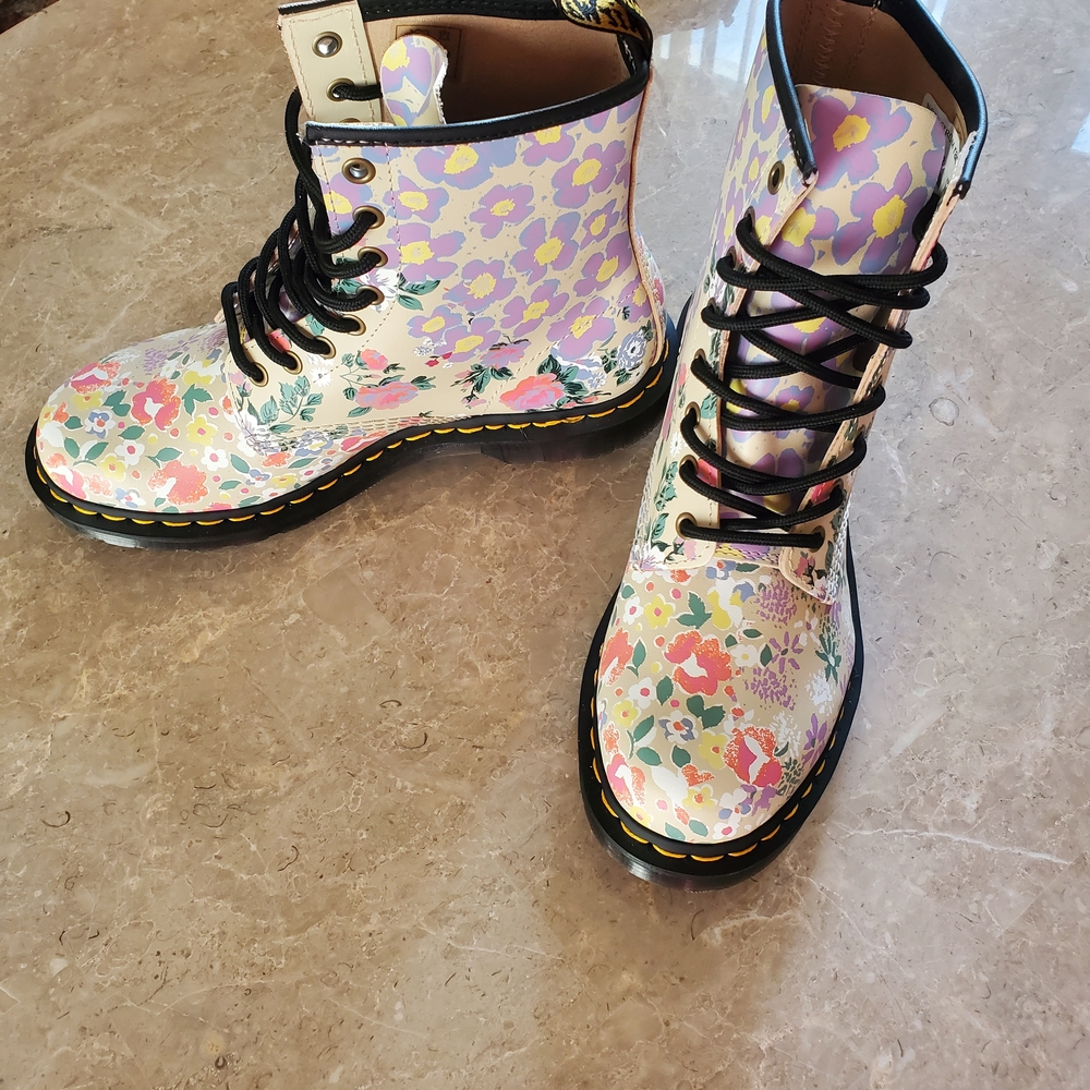 Dr. Martens Floral Lace-Up Boots in Pastel Pink and Yellow